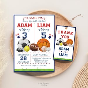 Sports Joint Birthday Invitation & Favor Tag | All Star Game Theme Party Printable | Editable Digital Template