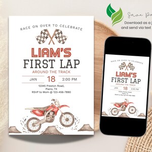First Lap Around The Track 1st Birthday Invitation + Favor Tag | Dirt Bike Theme Party Printable | Editable Digital Template image 8