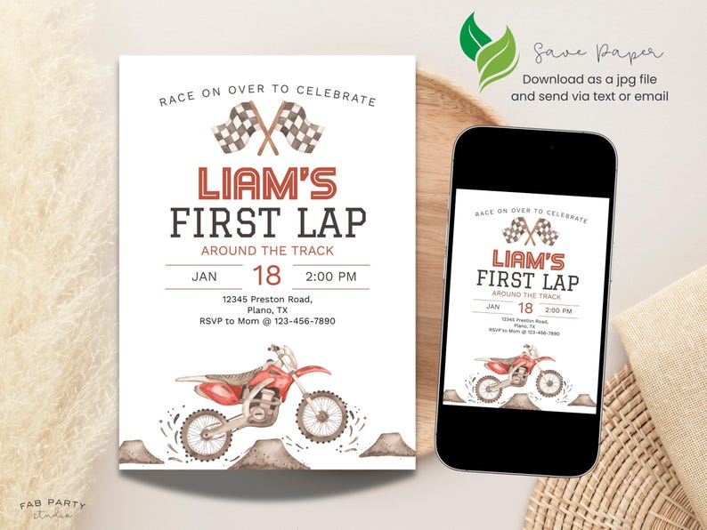 First Lap Around The Track 1st Birthday Invitation + Favor Tag | Dirt Bike Theme Party Printable | Editable Digital Template image 8