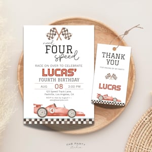 Invitación y etiqueta de recuerdo para el 4.º cumpleaños de Need Four Speed / Fiesta temática de carreras rojas: plantilla digital imprimible y editable