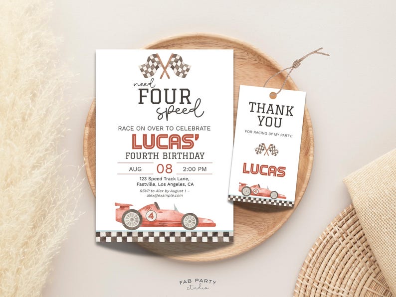 Need Four Speed 4th Birthday Invitation & Favor Tag | Red Racing Theme Party Printable | Editable Digital Template image 1