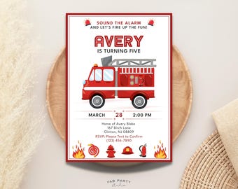 Invitation d'anniversaire de camion de pompier | Fête du véhicule de sauvetage des pompiers à imprimer | Modèle numérique modifiable