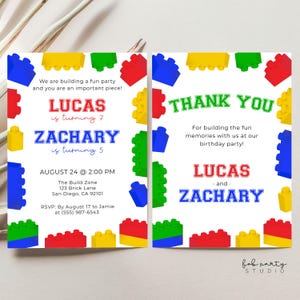 Faire-part de fête d'anniversaire commun + carte de remerciement | Jeu de briques colorées pour frères et sœurs, double fête d'anniversaire modifiable