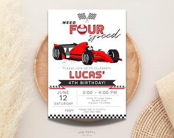 Invito per il 4° compleanno a tema auto da corsa rossa / Festa a tema corse automobilistiche con quattro auto da corsa: modello stampabile e modificabile in formato digitale