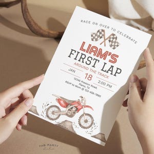 First Lap Around The Track 1st Birthday Invitation + Favor Tag | Dirt Bike Theme Party Printable | Editable Digital Template image 2