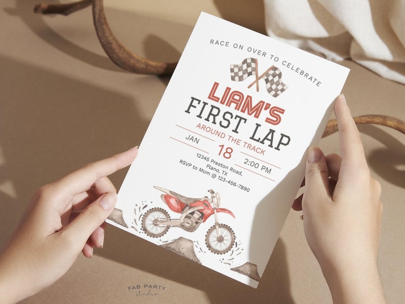 First Lap Around The Track 1st Birthday Invitation + Favor Tag | Dirt Bike Theme Party Printable | Editable Digital Template image 2