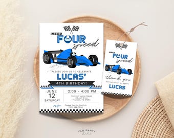 Invito per il 4° compleanno a tema auto da corsa blu + etichetta per bomboniere / Tema "Need Four Speed Racing Party" stampabile / Modello digitale modificabile