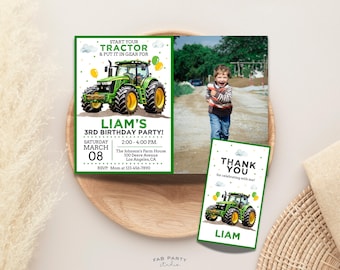 Grüner Traktor Geburtstagseinladungs-Foto-Einladung + Geschenkanhänger | Bauernhof Barnyard Thema Party zum Ausdrucken | Bearbeitbare digitale Vorlage