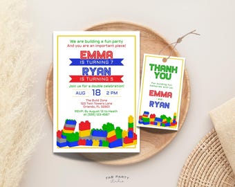 Faire-part d'anniversaire commun + étiquette de faveur | Fête à thème briques jouets à imprimer | Modèle numérique modifiable