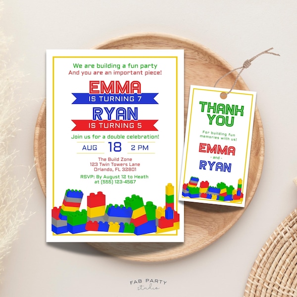 Building Blocks Joint Birthday Invitation + Favor Tag | Toy Bricks Theme Party Printable | Editable Digital Template