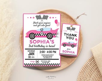 Invitation d'anniversaire rose de voiture de course et étiquette de cadeau | Fille course à thème à imprimer | Modèle numérique modifiable