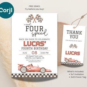 Need Four Speed 4th Birthday Invitation & Favor Tag | Red Racing Theme Party Printable | Editable Digital Template image 4