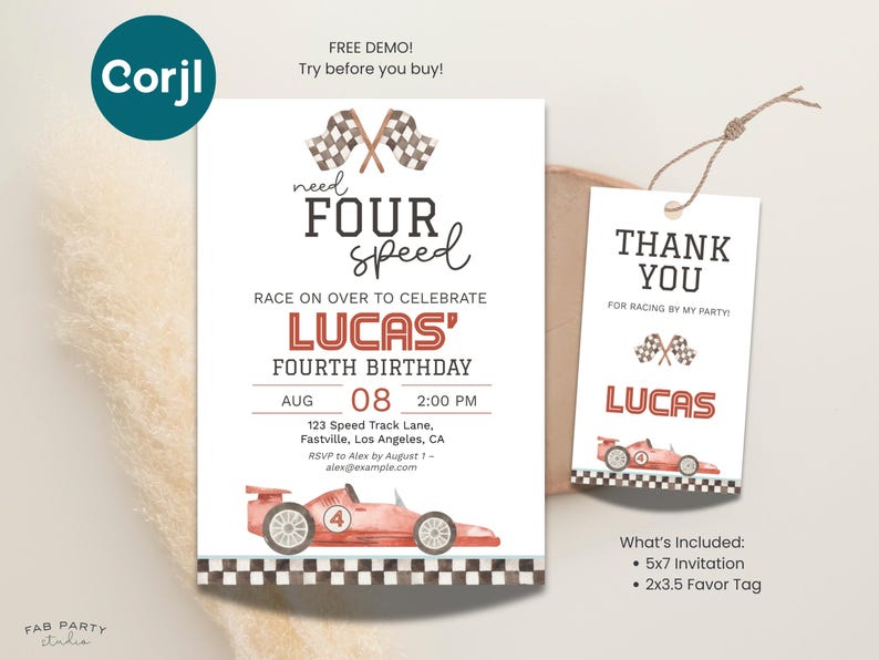 Need Four Speed 4th Birthday Invitation & Favor Tag | Red Racing Theme Party Printable | Editable Digital Template image 4