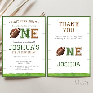 Faire-part de premier anniversaire de football + carte de remerciement | Invitation modifiable de partie de jeu de sports de garçons | Modèle numérique de touché de la première année