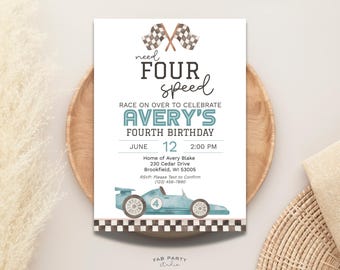 Faire-part 4e anniversaire à quatre vitesses | Fête des voitures de course verte à imprimer | Modèle numérique modifiable