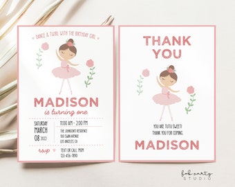 Ballerina Twin Girls Birthday Party Invitation + Thank You Card, Ballet Dance Sisters Party Editable Invite, Pink Tutu Girls Siblings Party