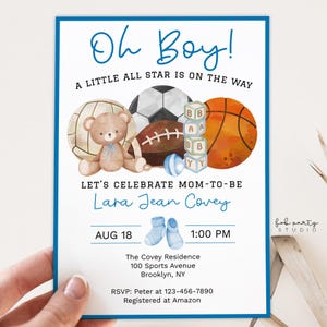 Oh Boy Sports Shower Invitation | All Star Sports Baby Shower Printable Invite | Oh Boy Modern Blue Baby Shower Editable Digital Template