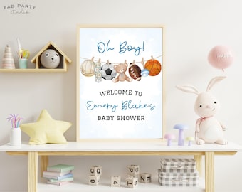 Cartello di benvenuto per baby shower a tema sportivo / Festa "Oh Boy Blue" stampabile / Modello digitale modificabile (45x60 cm, 60x90 cm)
