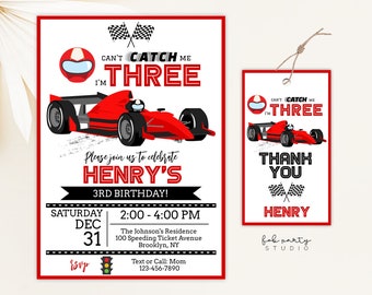 Red Race Car Can't Catch Me I'm Three Birthday Party Invitation + Favor Tag Digital Template, Kid Boy Racing Third Birthday Editable Invite