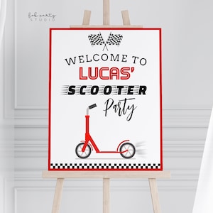 Placa de boas-vindas de scooter vermelha | Decoração de festa de aniversário com tema de scooter | Placa de entrada de festa personalizada para impressão | Cartaz de boas-vindas para festa de bicicleta infantil