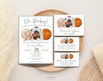 Kit per baby shower a tema sportivo / Invito neutro "Oh Baby", biglietto di ringraziamento, lotteria di pannolini e festa a tema libri - Modello digitale stampabile e modificabile