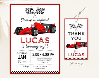 Red Race Car Birthday Party Invitation + Favor Tag Digital Template, Kids Speed Racing Minimalist DIY Birthday Editable Party Printables