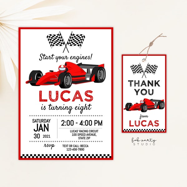 Red Race Car Birthday Party Invitation + Favor Tag Digital Template, Kids Speed Racing Minimalist DIY Birthday Editable Party Printables