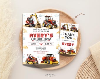 Faire-part d'anniversaire de tracteur rouge et étiquette de cadeau | Fête des véhicules avec camion de ferme à imprimer | Modèle numérique modifiable