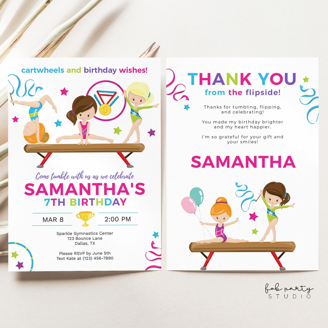 Gymnastics Girl Birthday Party Invitation + Thank You Card Digital ...