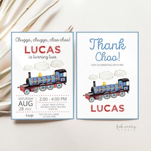 Invitación a fiesta de cumpleaños de tren + plantilla digital de tarjeta de agradecimiento / Invitación de cumpleaños de tren vintage / Invitación editable para fiesta de locomotora de tanque