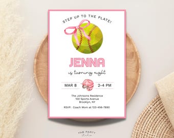 Pink Softball Birthday Party Invitation | Girls Sports Party Printable | Editable Digital Template