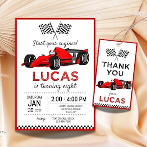 Red Race Car Birthday Party Invitation + Favor Tag Digital Template | Kids Speed Racing Minimalist DIY Birthday Editable Party Printables