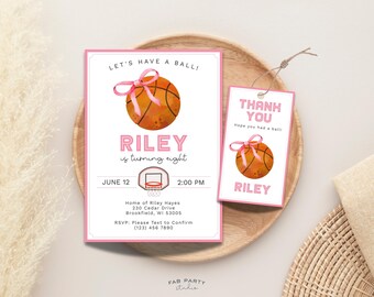 Invito di compleanno a tema basket e cartellino per bomboniere / Festa sportiva per bambina in rosa, stampabile / Modello digitale modificabile