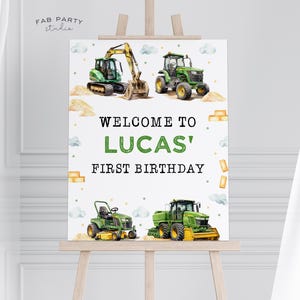 Green Tractor Birthday Party Welcome Sign Digital Template 16x20 or 8x10 | Farm Barn Theme Editable Birthday Printable Party Entrance Sign
