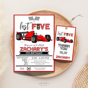 Fast Five 5th Birthday Invitation & Favor Tag | Red Racing Theme Party Printable | Editable Digital Template