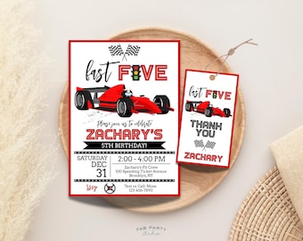 Fast Five 5th Birthday Invitation & Favor Tag | Red Racing Theme Party Printable | Editable Digital Template