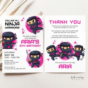 Ninja warrior Geburtstags-Party Einladung + Danke-Karte | Hot Pink Ninja Fighter Geburtstag einladen | Mädchen Ninja Kämpfer bearbeitbar einladen