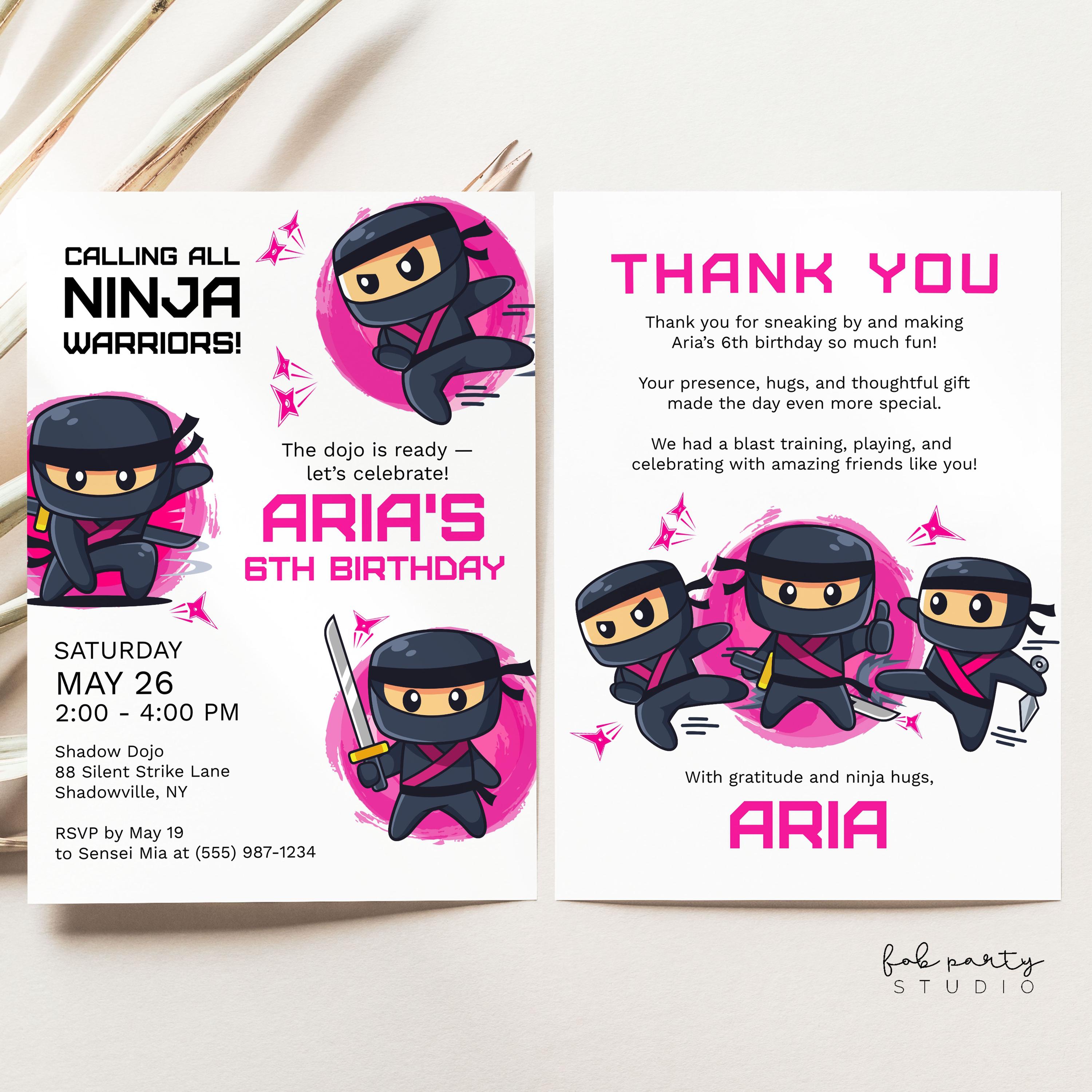Ninja Warrior Birthday Party Invitation + Thank You Card | Hot Pink Ninja Fighter Birthday Invite | Girl Ninja Fighter Editable Invite