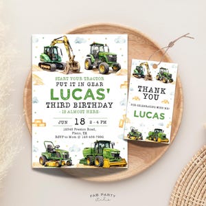Green Tractor Birthday Invitation & Favor Tag | Farm Theme Party Printable | Editable Digital Template