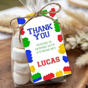 Etichetta per bomboniere di compleanno con mattoncini giocattolo / Modello digitale stampabile / modificabile per feste a tema mattoncini