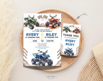Faire-part d'anniversaire commun pour VTT + étiquette de cadeau | Fête de moto tout-terrain à imprimer | Modèle numérique modifiable