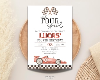 Hai bisogno di un invito per il 4° compleanno a quattro velocità / modello digitale stampabile / modificabile per una festa a tema auto da corsa rossa