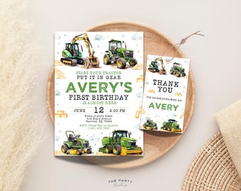 Green Tractor Birthday Invitation & Favor Tag | Farm Theme Party Printable | Editable Digital Template