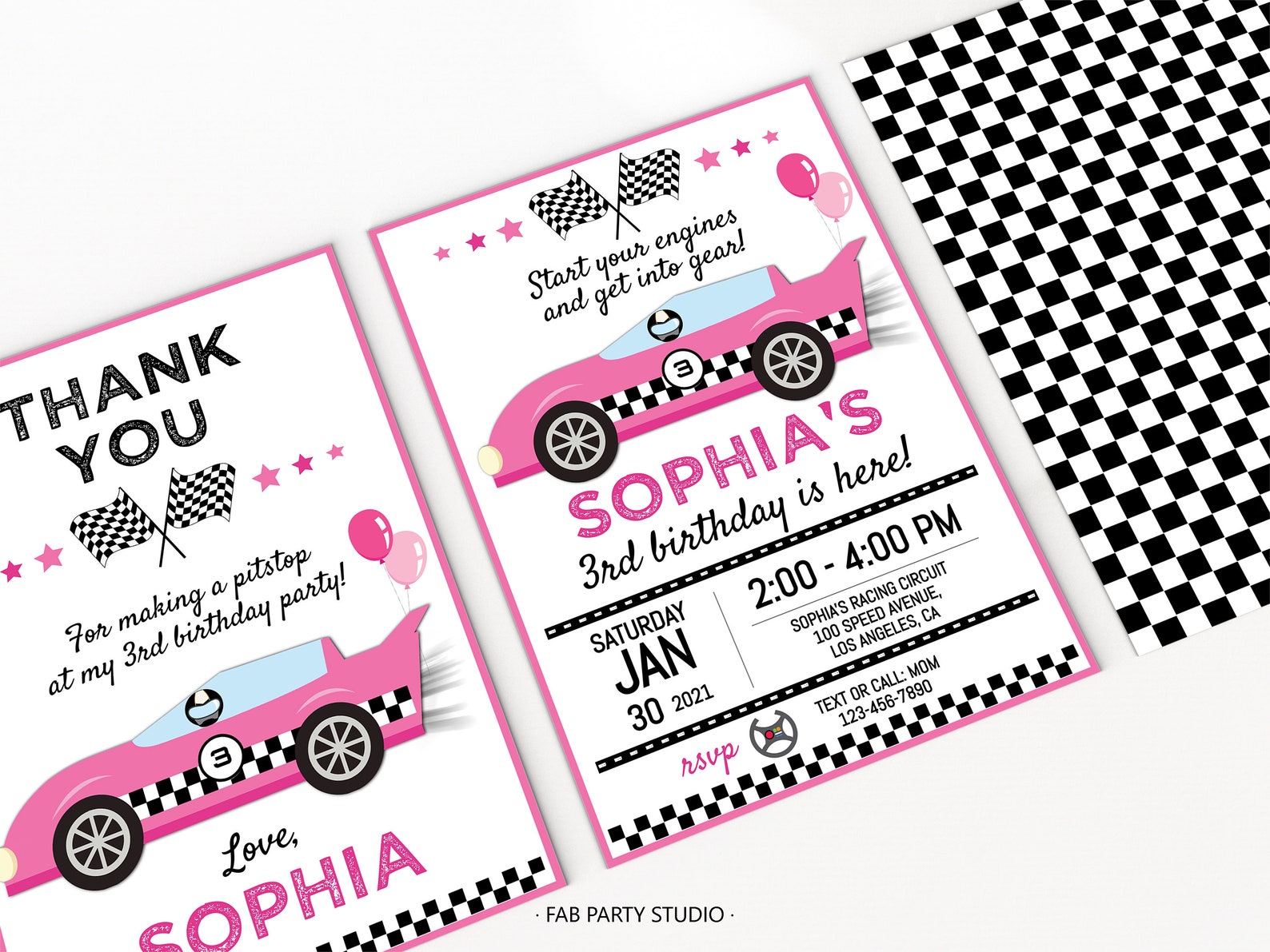 Pink Race Car Birthday Party Invitation Template Minimalist Etsy