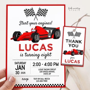 Red Race Car Birthday Party Invitation + Favor Tag Digital Template | Kids Speed Racing Minimalist DIY Birthday Editable Party Printables