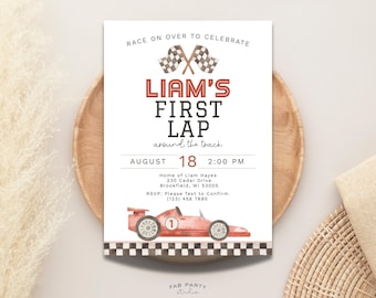 Invito di compleanno "Primo giro in pista" / Festa a tema auto da corsa rossa - Stampabile / Modello digitale modificabile