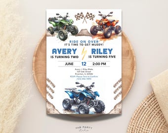 Invitation d'anniversaire commune de VTT | Fête des frères et sœurs en quad | Modèle numérique modifiable