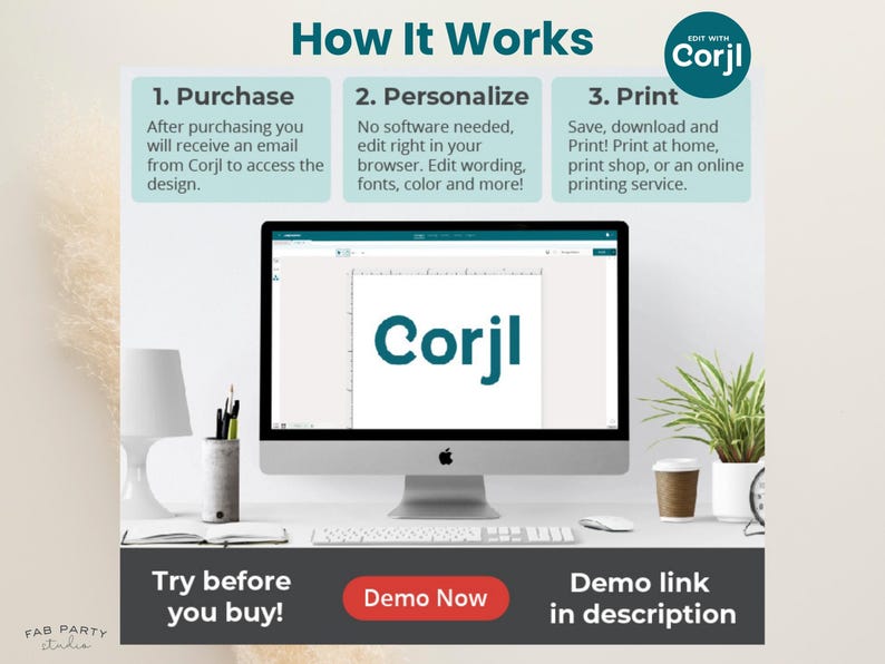 May include: A computer screen shows the word "Corjl" in teal. The image explains the process: purchase, personalise, and print. Text includes "Try before you buy!" and "Demo link in description."