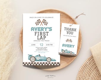 Invitation 1er anniversaire de voiture de course et étiquette de cadeau | Fête du premier tour de la piste à imprimer | Modèle numérique modifiable
