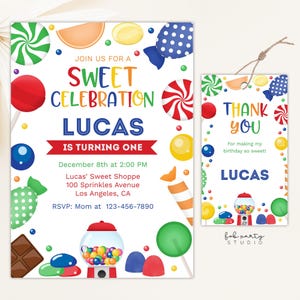 Candyland Party Einladung + Geschenkanhänger | Süße Süßigkeiten behandelt Kinderparty bearbeitbar einladen & Beute Geschenkanhänger | Süßigkeiten Party Leckereien einladen